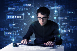 Hacker programing in technology enviroment with cyber icons and